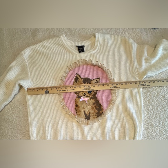 Sweet Society Cream Kitten Portrait Lace Trim Sweater Knit Top LG - Picture 4 of 7